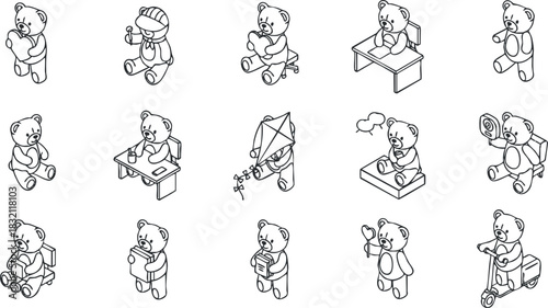 A collection of cute teddy bears engaging in various activities in simple outline vector style, perfect for children's illustrations and designs