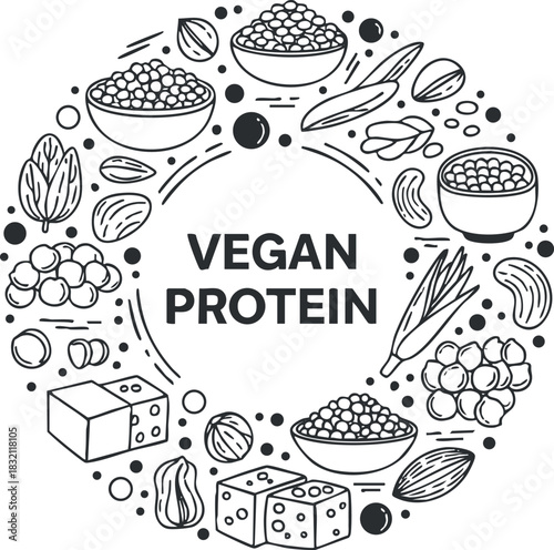 A circular illustration featuring various sources of vegan protein including legumes, nuts, and seeds in black and white outline style, ideal for health and wellness contexts