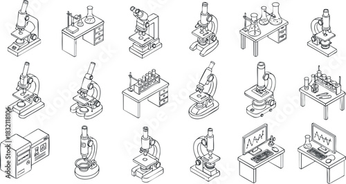 A collection of various microscope illustrations in outline vector style, suitable for educational and scientific projects
