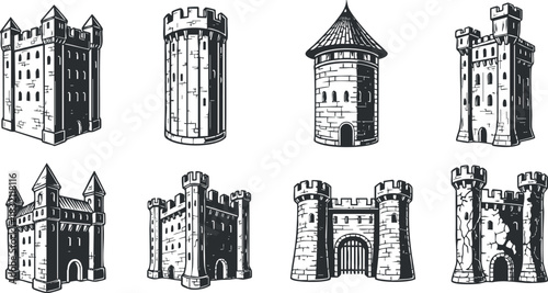 A set of medieval castle towers and fortresses in black and white outline vector style, ideal for fantasy illustrations and design projects