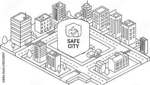An isometric illustration of a modern urban city with buildings and a safety concept, ideal for smart city projects