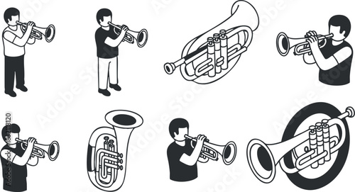 A collection of musicians playing trumpets and a tuba in black and white vector style, suitable for music-themed projects