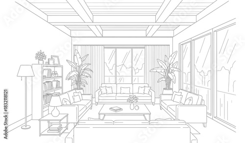 Living room interior design sketch with furniture and window view hand drawn style architectural visualization black and white illustration silhouette