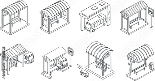 A collection of various bus shelters and vehicles in flat outline vector style, suitable for urban planning and transportation design