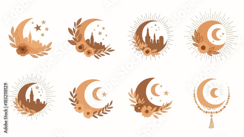 Collection of eight elegant crescent moon designs with stars, flowers, and architectural silhouettes, perfect for Islamic holidays and spiritual themes.
