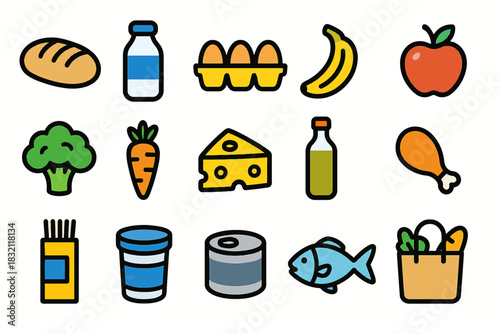 Colorful icons of common grocery items including bread, milk, and cheese