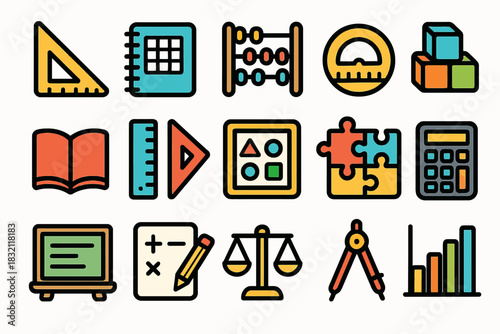 Colorful educational icons set featuring geometry, mathematics, and learning tools