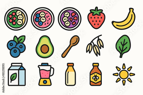 Colorful breakfast ingredients: fruits, smoothies, blender, oats, sun