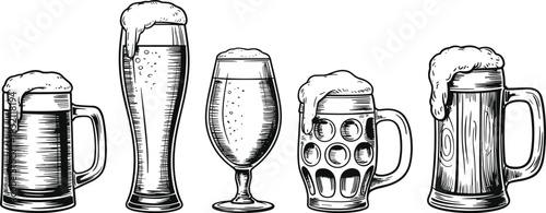 Collection of hand-drawn beer mugs and glasses with foam in vintage engraving style, perfect for brewery branding, bar menus, packaging, and illustration projects