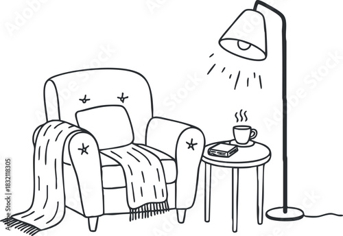 A cozy armchair with a blanket, side table, and lamp in minimalist outline vector style, perfect for home decor projects