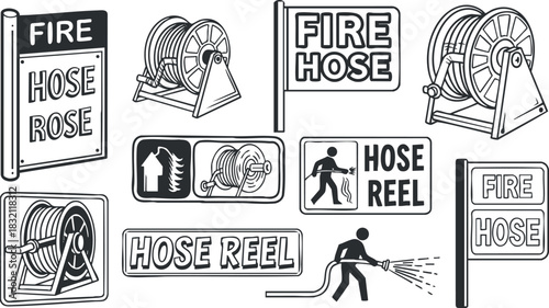 A set of fire hose and hose reel icons in black and white vector style, suitable for safety signage and emergency services