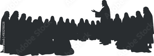 A silhouette of a speaker addressing a gathered audience in a minimalist vector style, ideal for educational or religious contexts