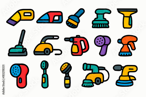 Colorful cartoon icons of various cleaning appliances in bold outlines