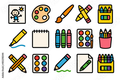 Colorful art supplies collection with crayons paints and brushes