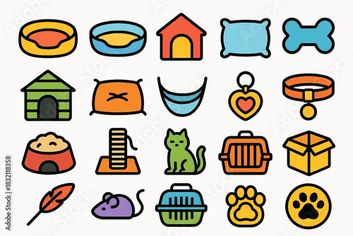 Colorful cartoon pet accessories collection – bowls, toys, cages, and more