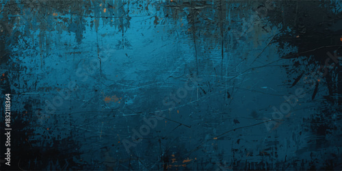 Grunge Decorative dark navy blue Dark Stucco Wall Background. scratches, and faded paint. Softly lit center and dark edges with a moody, industrial, vintage, cinematic look in deep emerald tones.