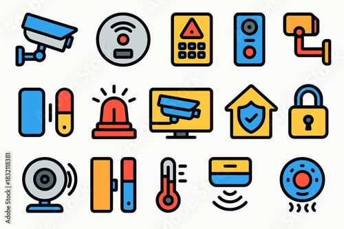 Colorful security icons collection featuring cameras and alarms