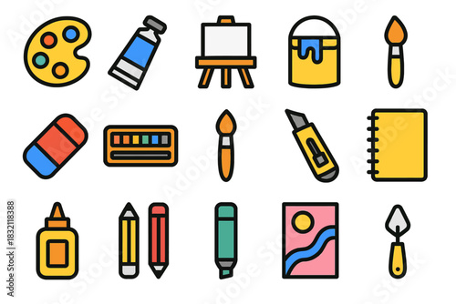 Colorful art supplies icons featuring easel palettes brushes and paint