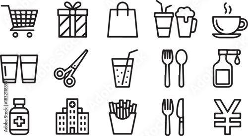 Black line icons showcasing diverse objects including a shopping cart and medical bottle with cross