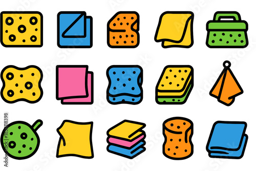 Colorful cartoon cleaning sponges and textiles icon set