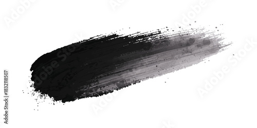Abstract black and gray ink brush stroke on white background with dynamic sweeping motion and splatter effects.glitches on a pristine white background, forming an abstract pattern.