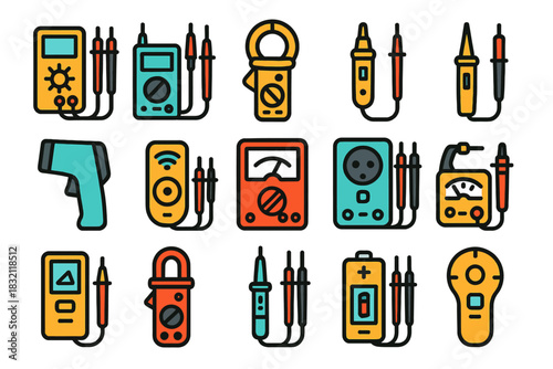 Collection of colorful electrical tools and testing devices icons