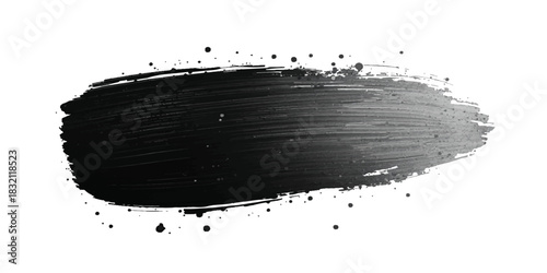 Abstract black and gray ink brush stroke on white background with dynamic sweeping motion and splatter effects.glitches on a pristine white background, forming an abstract pattern.