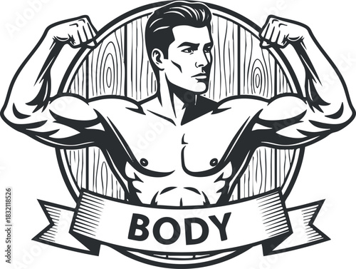 A muscular man flexing his biceps in black and white outline vector style, ideal for fitness branding and gym logos