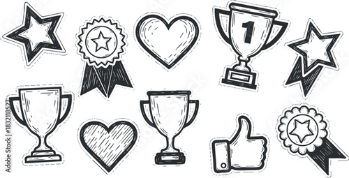 A collection of trophies, stars, hearts, and ribbons in sketch outline vector style, ideal for award and recognition designs