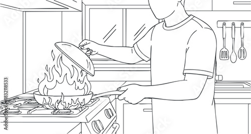 A chef cooking on a stove with flames in a minimalist black and white vector style, ideal for culinary illustrations
