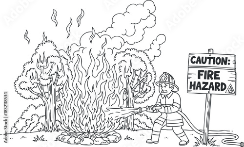 A firefighter extinguishing a wildfire with a hose in black and white outline style, suitable for educational materials on fire safety