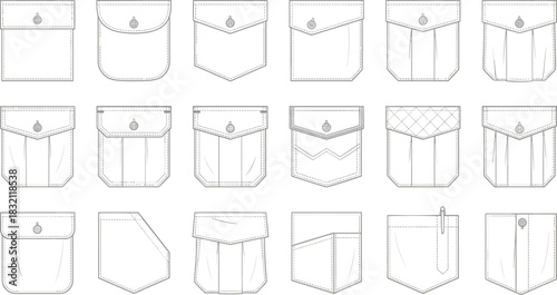 Set of vector clothing pocket technical sketches featuring various flap designs, buttons, and stitching details for fashion design tech packs.