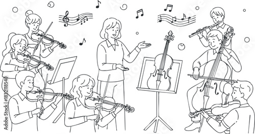A group of musicians playing various instruments in a black and white outline vector style, perfect for music-related projects