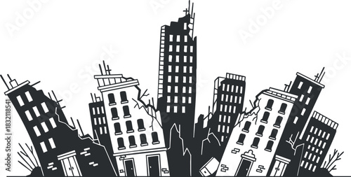 A collection of tilted and damaged buildings in black and white outline vector style, ideal for disaster-themed illustrations or urban design projects