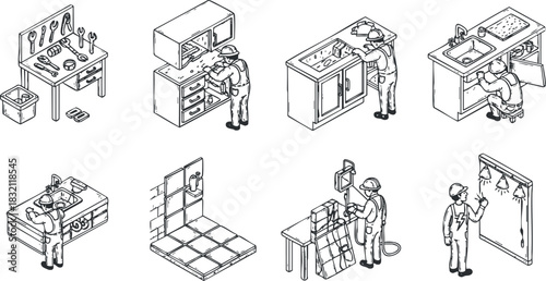 A set of kitchen renovation illustrations featuring workers installing appliances and cabinets in black and white outline style, ideal for home improvement projects