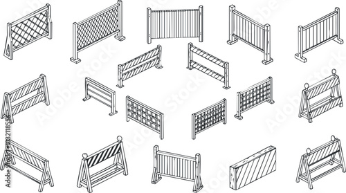 A collection of various construction barriers and fences in outline vector style, ideal for urban planning and safety illustrations