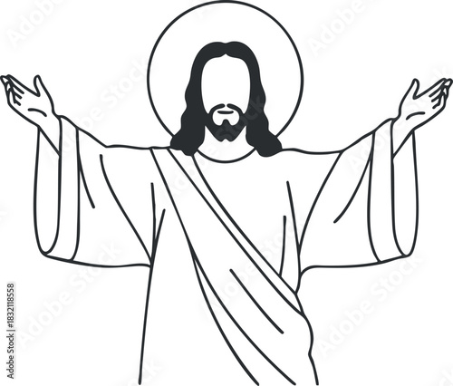 A minimalist outline illustration of Jesus Christ with outstretched arms in a simple vector style, suitable for religious and spiritual themes