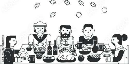 A festive dinner gathering of friends and family around a table with a chicken and various dishes in black and white minimalist vector style, ideal for lifestyle and culinary projects