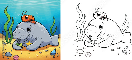 Cute cartoon manatee with small shrimp on head vector illustration. Adorable marine animal friends resting on sandy ocean floor with seaweed and shells.