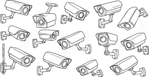 A collection of various security cameras in outline vector style, ideal for technology and safety-related designs
