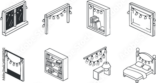 A collection of minimalist home interior elements including a window, shelves, and bedroom furniture in outline vector style, suitable for interior design projects