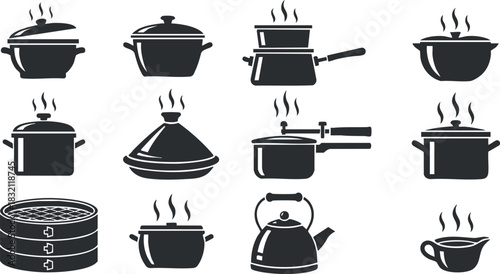 A collection of various cooking pots and pans in black flat vector style, ideal for culinary designs and kitchen branding