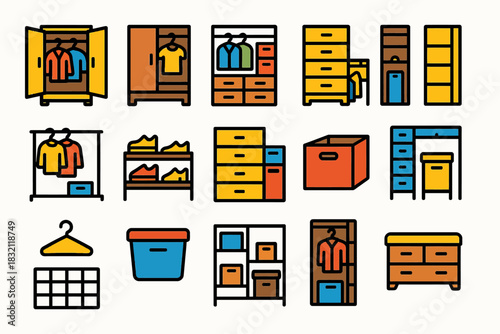 Colorful modern wardrobe and storage solutions with various closet icons