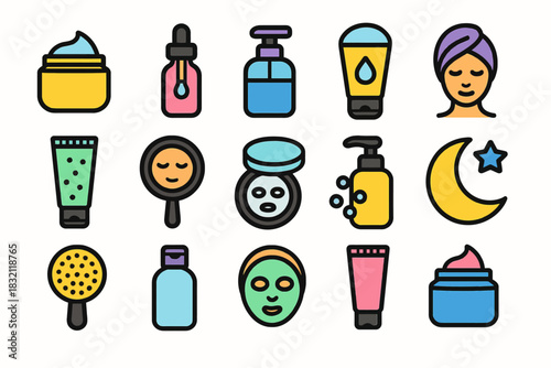 Colorful skincare and beauty icons: creams, masks, tools, and hygiene in simple cartoon style