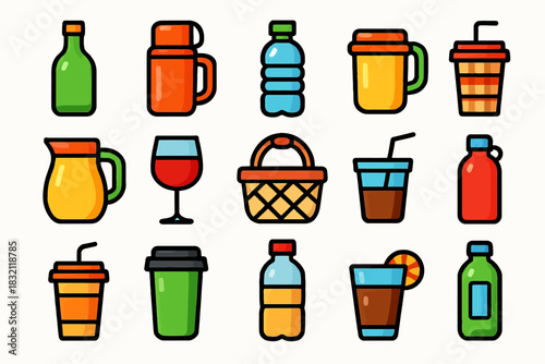Colorful assortment of beverage containers: bottles, glasses, and mugs