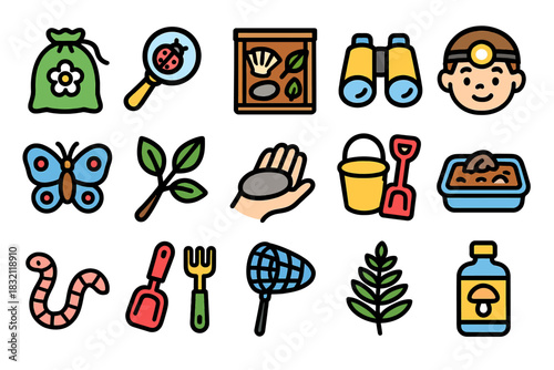 Colorful outdoor exploration and nature adventure icons