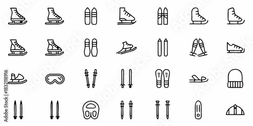 Collection of winter sports equipment icons in a clean line art style