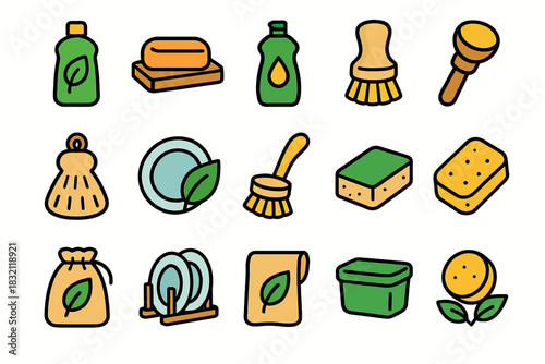 Sustainable cleaning icons with eco-friendly products and tools