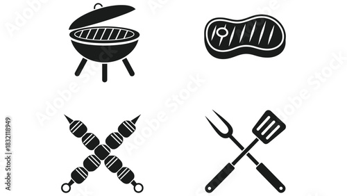 Black and white barbecue icons including grill meat skewers and tools