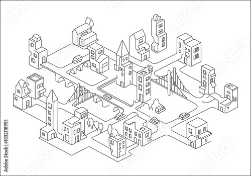 Clean vector cityscape illustrating modern urban development, planning, and interconnected infrastructure